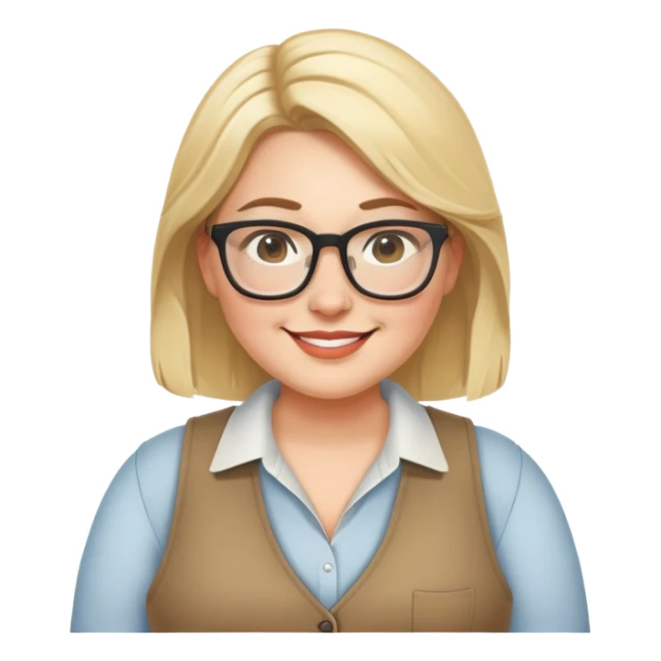 Plus size blonde woman wearing glasses and a vest, friendly smile sticker