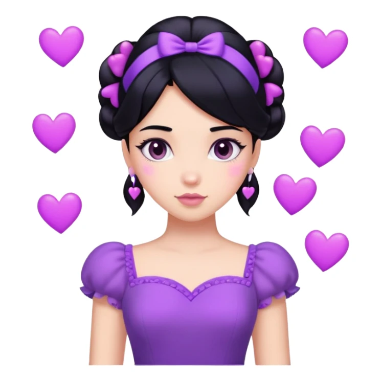 girl, black hair, hearts under header, violet dress sticker