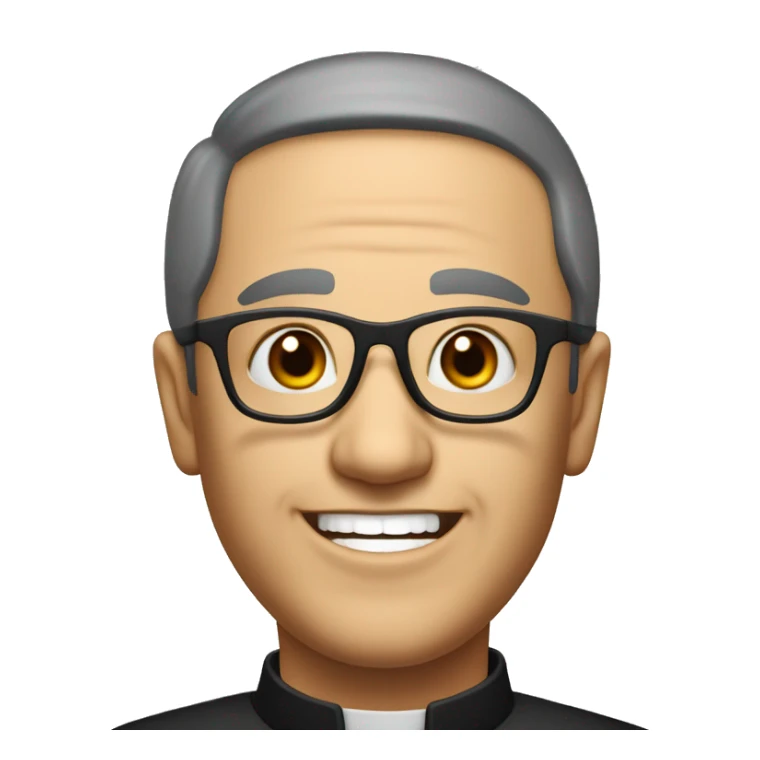 old catholic priest with black hair, smiling with teeth and glasses, no beard or mustache sticker