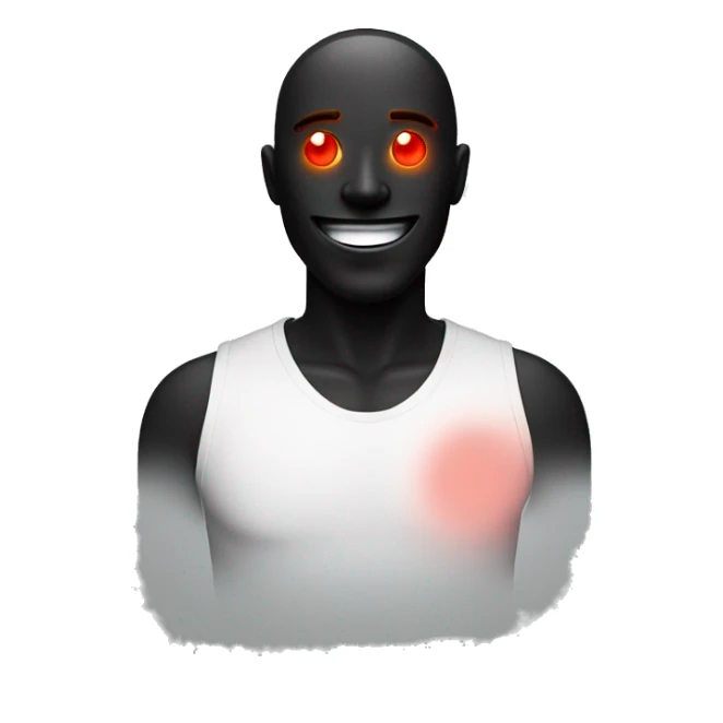 A man with a happy face but a black figure behind him with a red glowing eye sticker