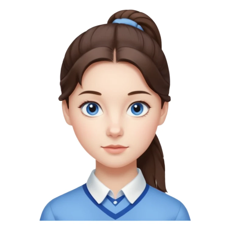 Realistic Student Portrait, with porcelain-like skin featuring a natural rosy flush, illuminated by soft lighting that highlights the gentle contours of her face. Her Brunette pony tail hair flows in soft, Her deep blue eyes radiate warmth and innocence,  wear light blue preppy style. sticker
