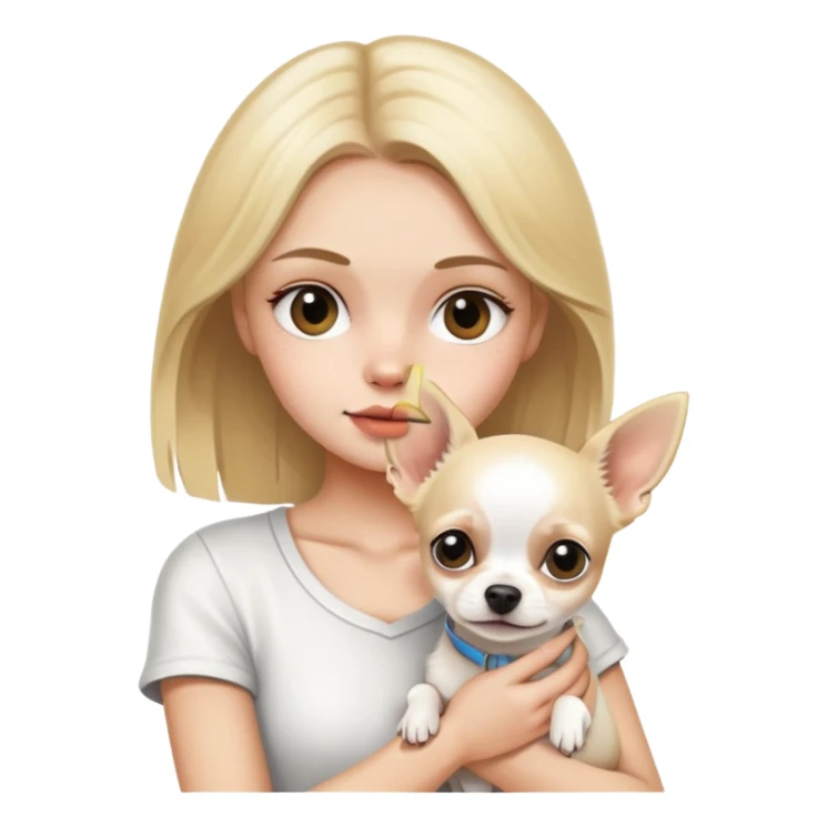 A dirty blonde girl holding a white chihuahua sticker