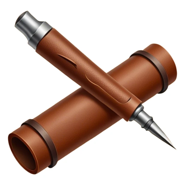 Leatherworking icon, rolled-up raw leather, engraving needle or gouge, stamp or press tools, visible texture of leather, minimalistic style, clean lines, transparent background. sticker