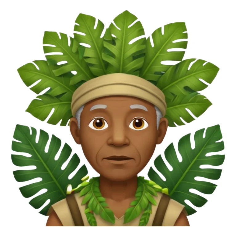 a old black man with jungle wearing a large leaf headgear bye  sticker