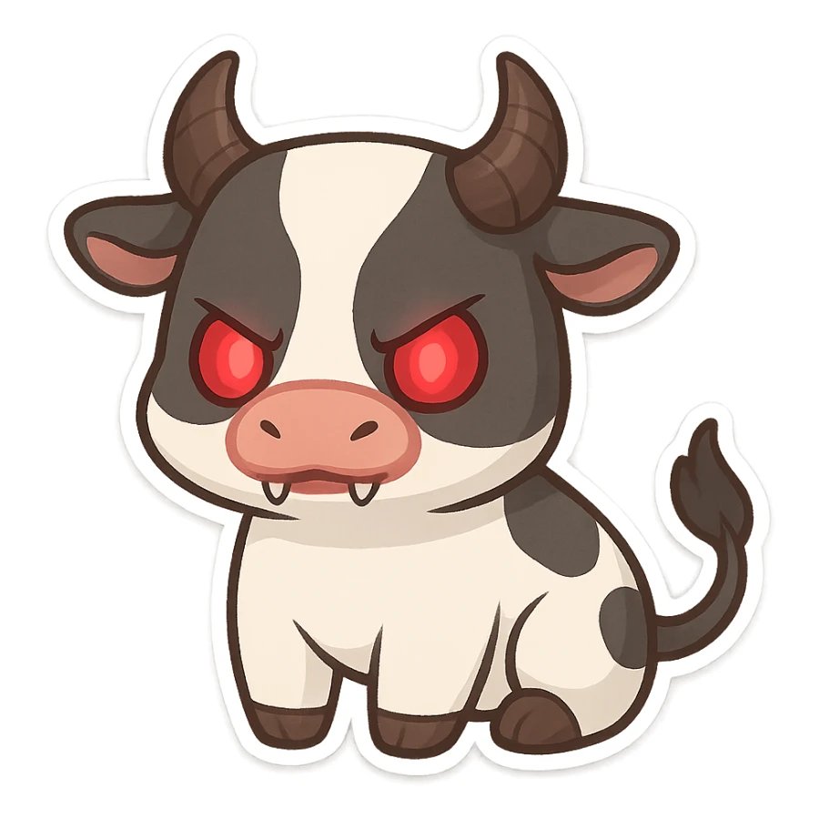 cute evil cow, chibi style, glowing red eyes, tiny fangs, adorable but menacing sticker