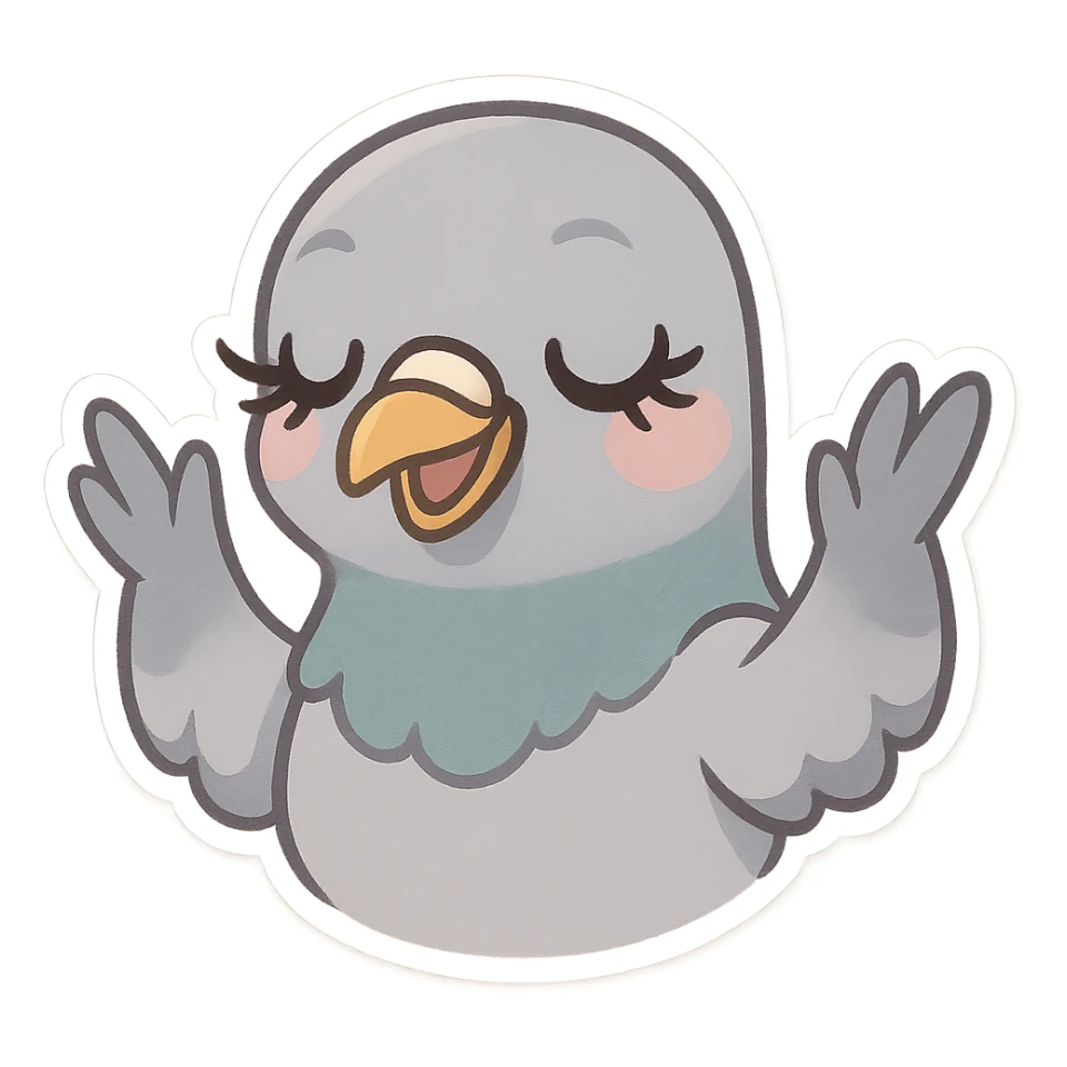 pigeon head, big lashes, hands up in a celebratory 'yasss' gesture, cartoon vibe sticker