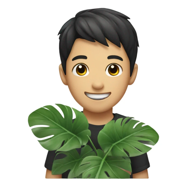Smiling asian boy with black hair holding a monstera plant sticker