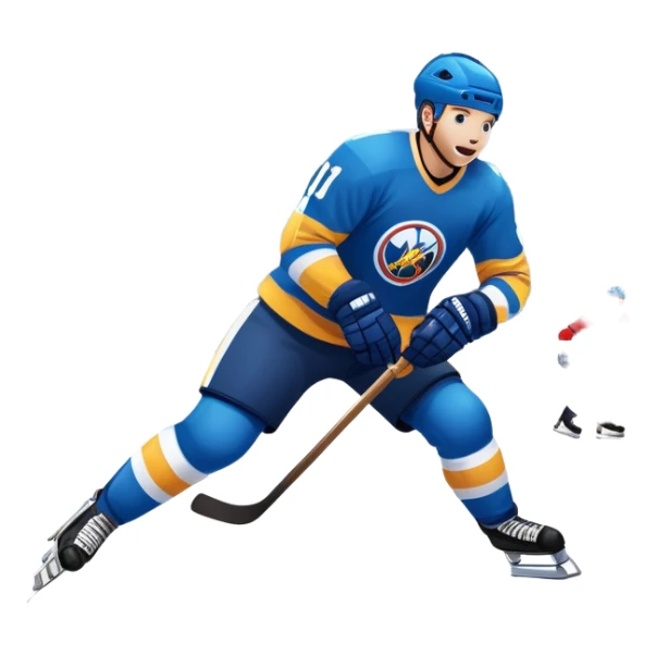 An icon featuring a hockey player in action, skating with a stick and puck on a fast-paced ice rink. The background shows a packed stadium with cheering fans, bright lights, and a snowy landscape visible through the arena's windows. Transparent background captures the excitement. sticker