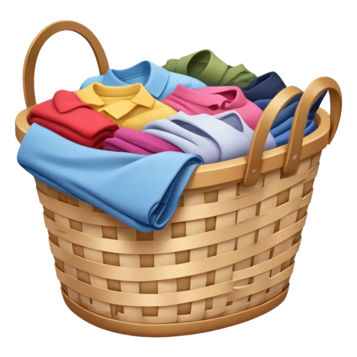 A laundry basket filled with clothes, some neatly folded and others piled up. The basket is made of plastic or woven material, with handles on the sides sticker