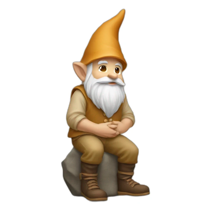 side view of gnome with tan pants sitting over a brown stone sticker