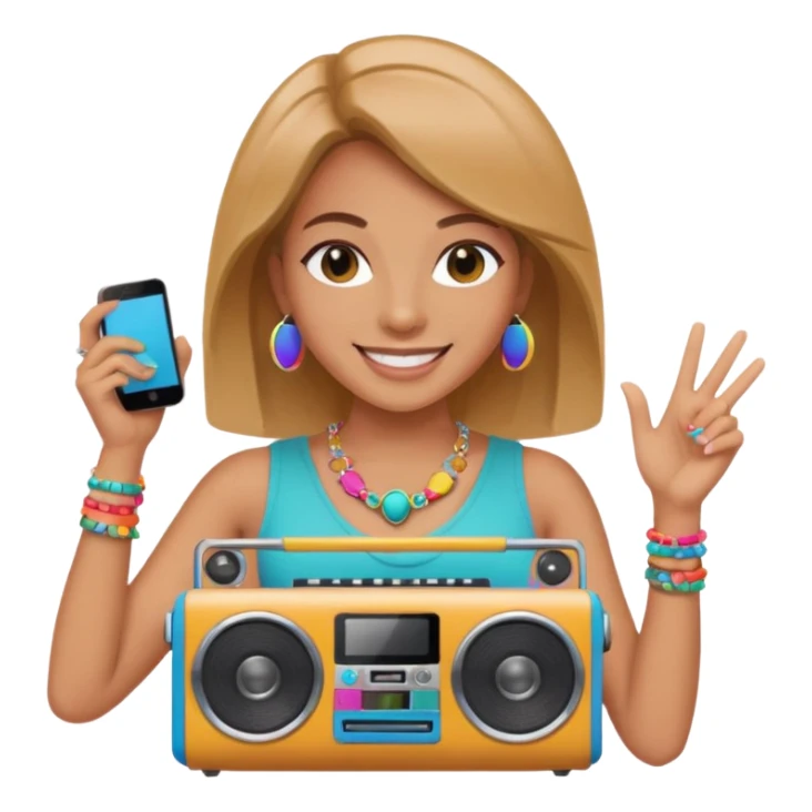 woman holding colorful boombox sticker