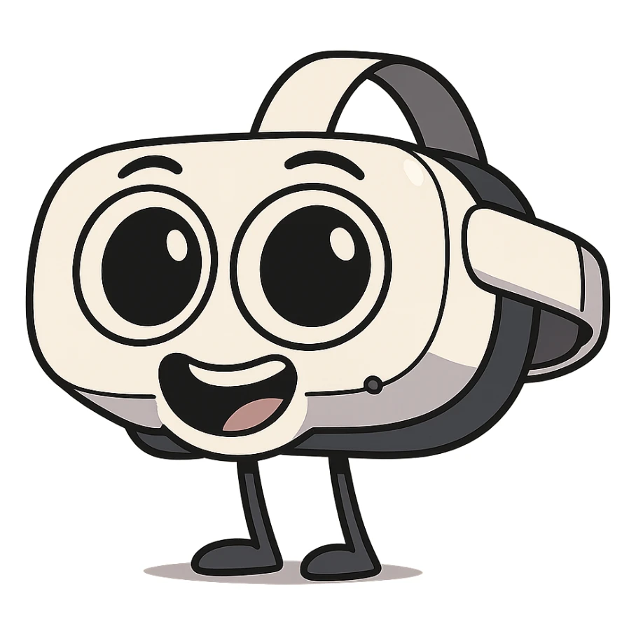 cartoon style Meta Quest 2 headset with exaggerated features, big lenses, white and black color scheme, fun and approachable sticker