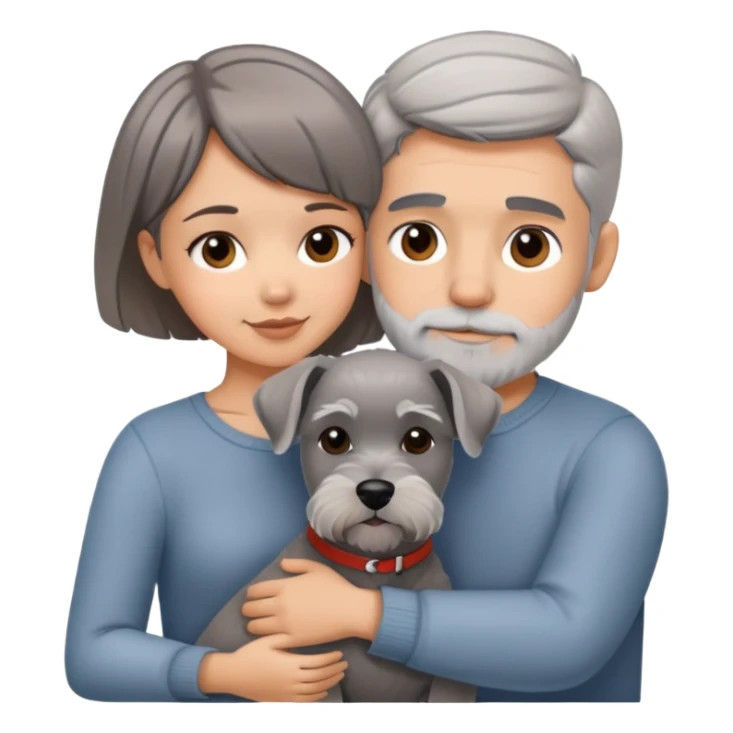 a shorthair girl with husband hugging a grey Schnauzer dog sticker