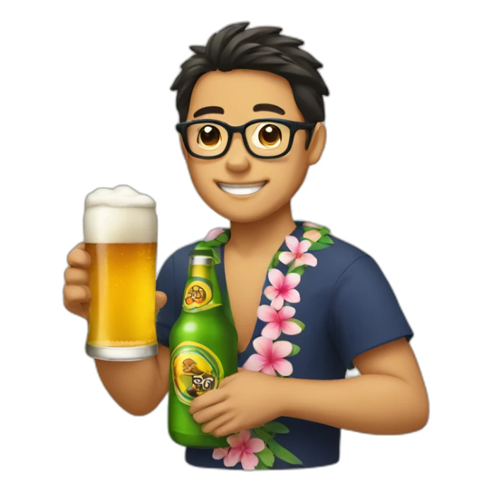 Japanese wearing glasses alohashirt is holding beer sticker