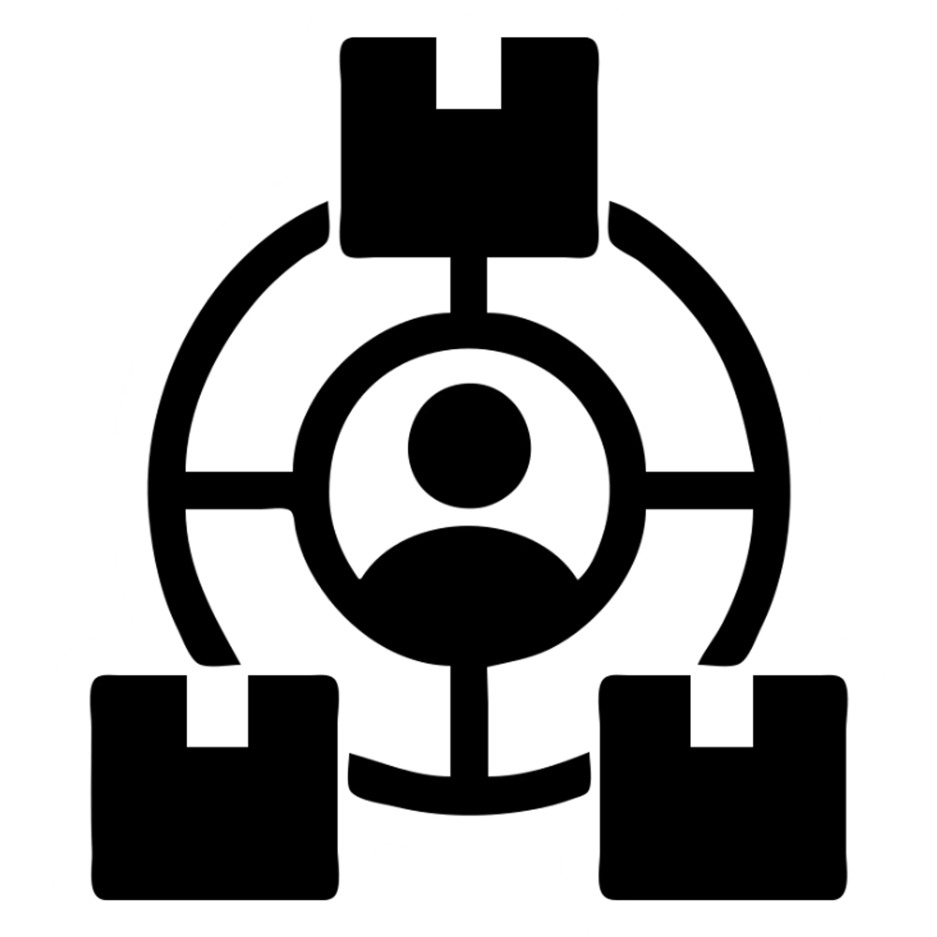 Minimalistic icon for 'Supply Chain Experience' featuring a logistics symbol, designed in a solid black filled style, with a radial layout sticker