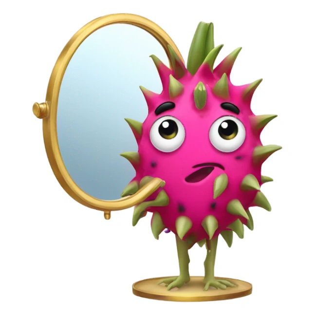 3D elegant Pitahaya with large shiny eyes 👀 one hand holds the mirror with its reflection 🪞 sticker