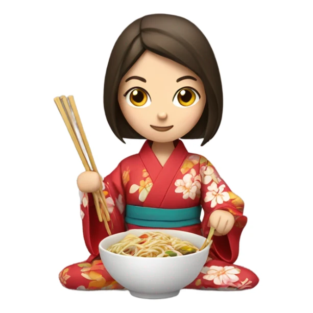 Brunette in a kimono eating noodles with chopsticks sticker