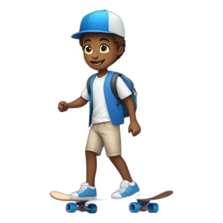 Boy in blue school shorts and white shirt sleeve shirt riding a skateboard sticker
