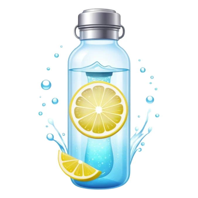Ethereal glowing water bottle with floating lemon slice and sparkling creatine powder, surrounded by magical aura sticker