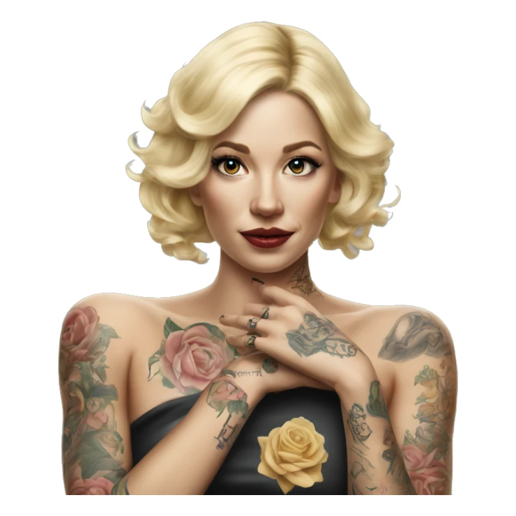 Blonde elegant women, her Body Covered with Tattoos, POINTING FORWARD with her HAND , Hyper realistic sticker