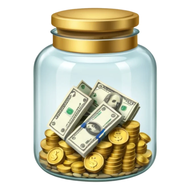 glass tip jar emoji style, simple with cash and coins sticker