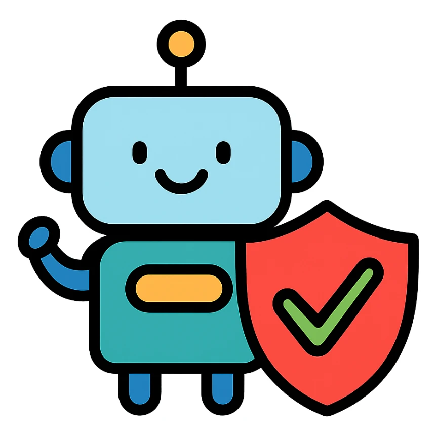 smiling AI robot with a shield and a visible certification checkmark, safe and trustworthy appearance, icon style sticker