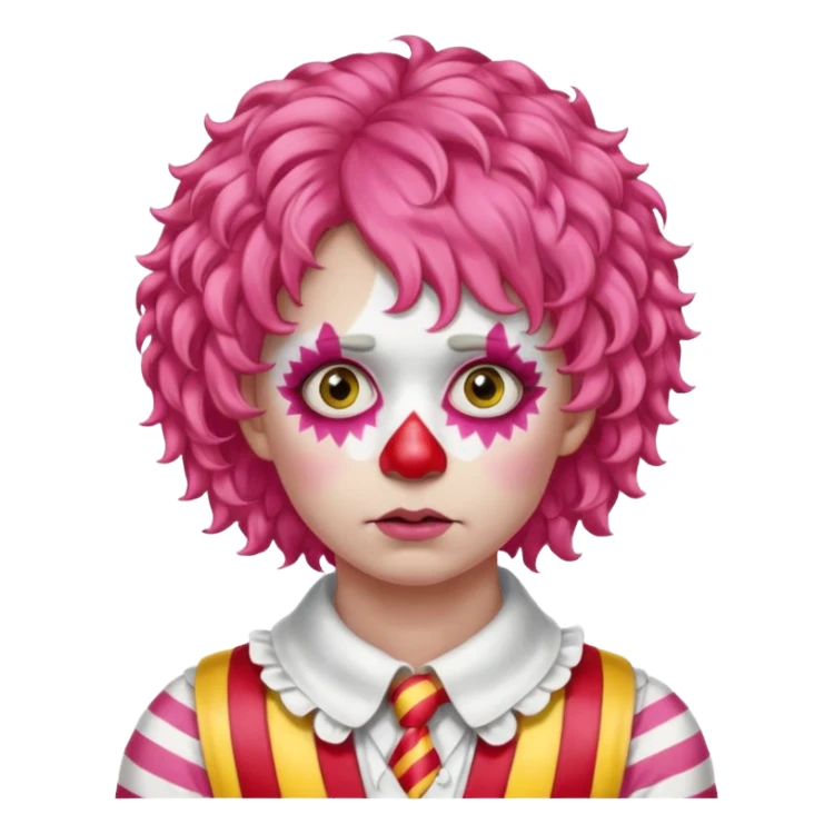 Pink curly wig.

White face paint with red nose and makeup.

Wearing a red-and-yellow striped costume with a white collar.

Wide-eyed, sad expression. sticker