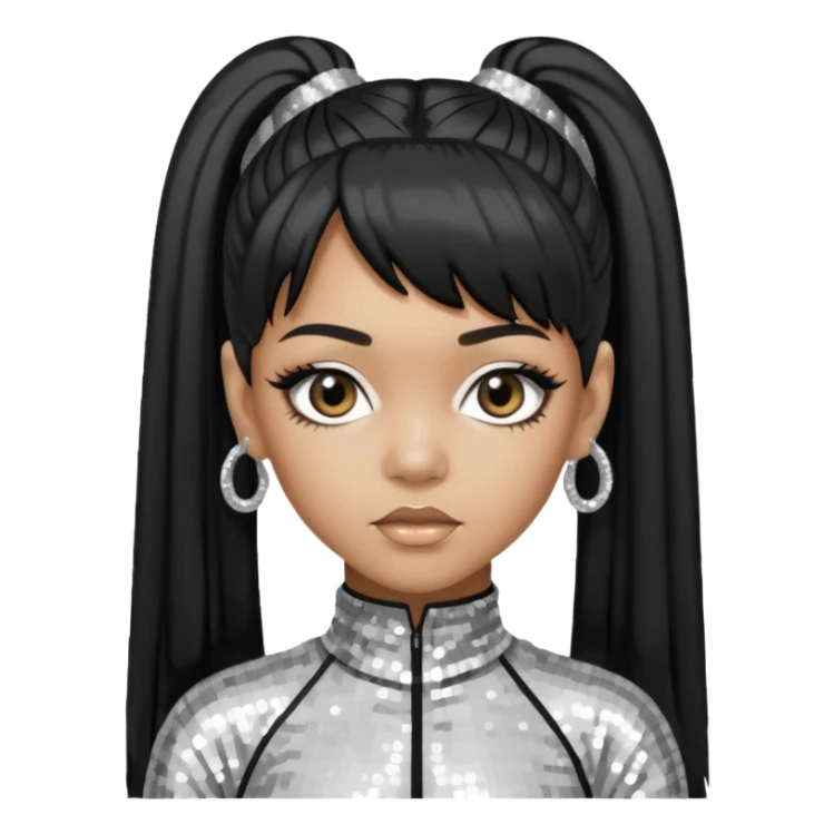 Left Eye from TLC with long black ponytail hair, silver sequin outfit sticker