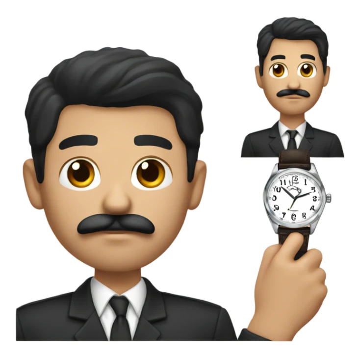 dark hair dark eye man with mustache looking at wrist watch sticker