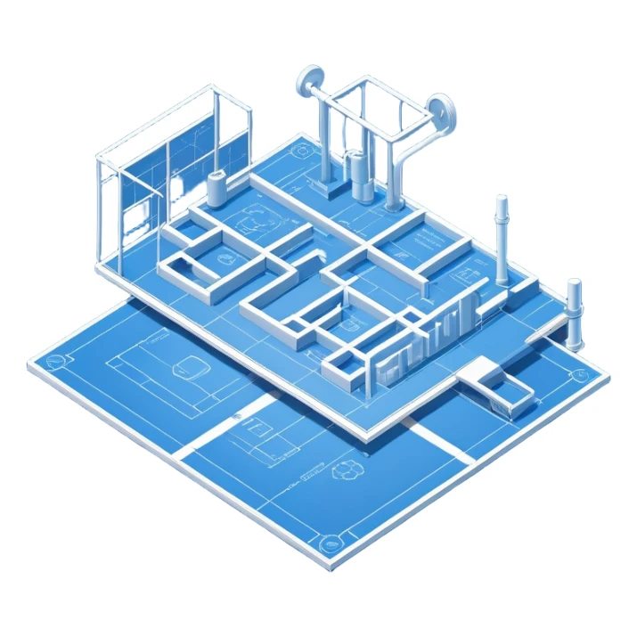 isometric view of blue blueprint plan with white lines and shaded 3D objects sticker
