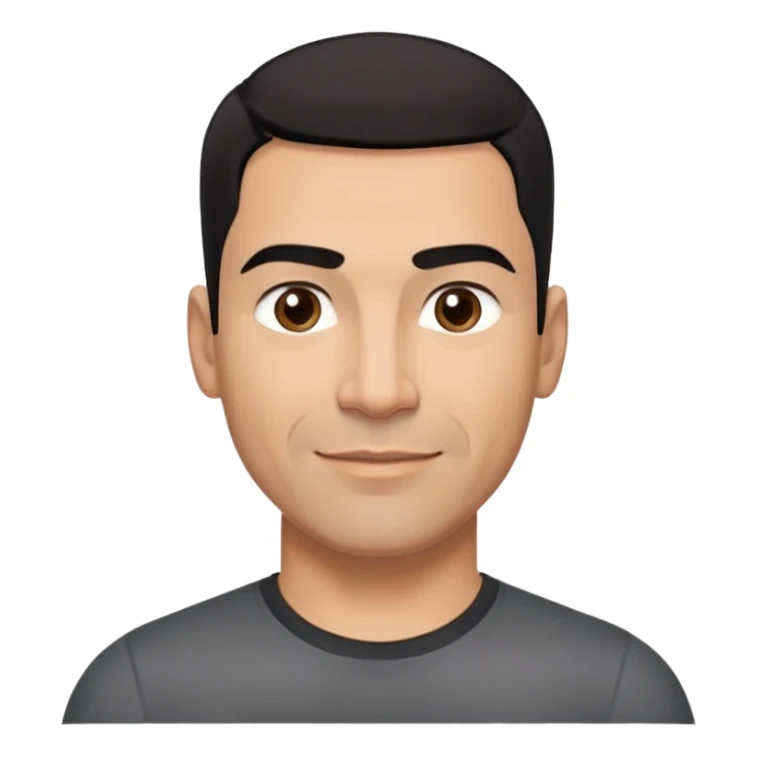 Athletic Hispanic man in his 40s-50s with light brown skin, very short black hair with low fade haircut, square face with strong jawline, thick straight eyebrows, wide straight nose, medium lips with confident smile, broad shoulders, wearing black fitted t-shirt sticker