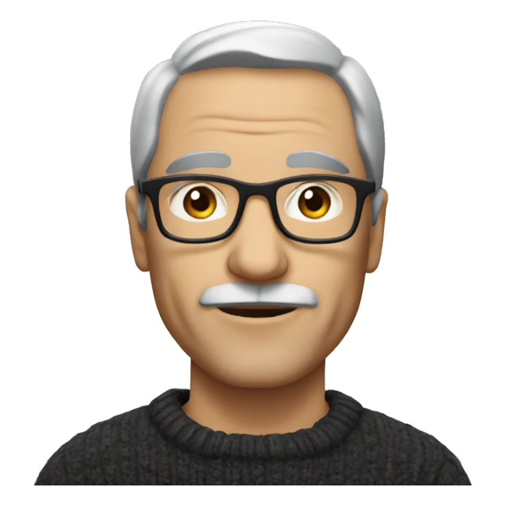 a European middle-aged man wearing glasses, a dark sweater, no mustache sticker