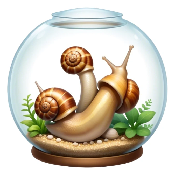 Close-up of large home snails inside a terrarium, showcasing their soft, spiral shells and glistening bodies, with a gentle light highlighting their details. Transparent background. sticker
