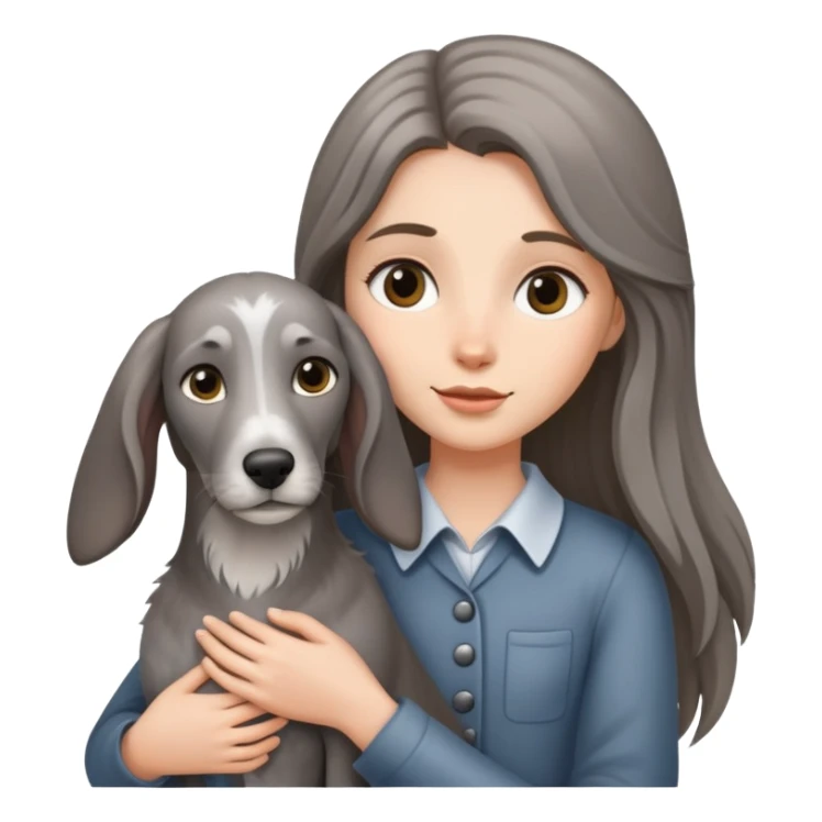 A long-haired girl holding a gray hound sticker