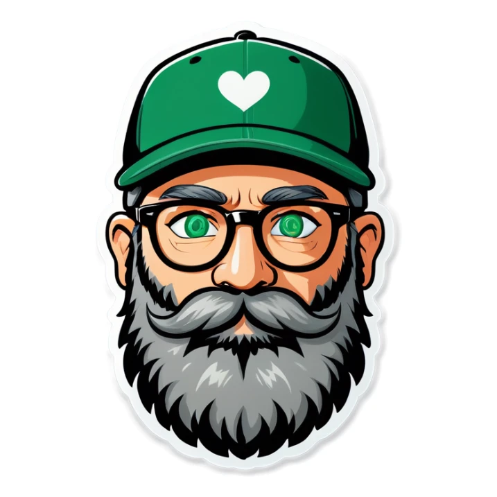 A bold man with a grey baseball cap, green eyes, big beard and glasses with hearts in his eyes sticker