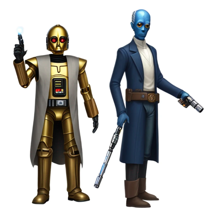 well-equipped jedi first order human-sized darkblue-pearl friendly bounty hunter c3po droid wearing a leather wild west duster coat holding light saber ready to fight but relaxed. antiqued sticker