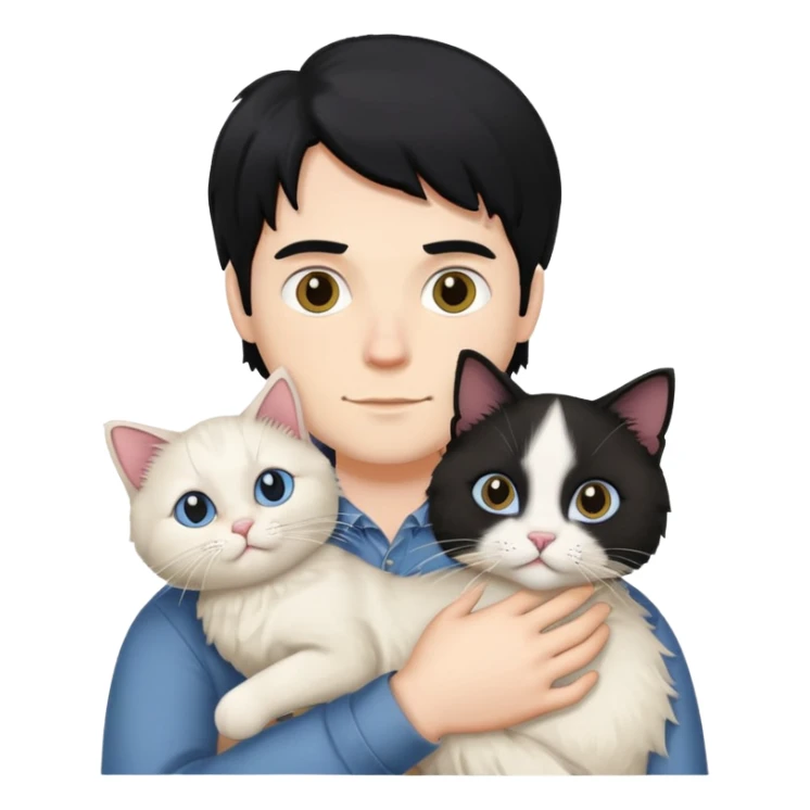 A black-haired white man holding a ragdoll cat sticker