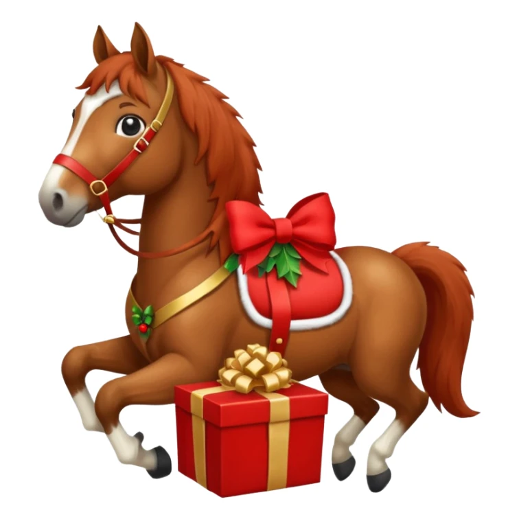 a christmas horse with a red saddle, which has a red gift box with a white bow on the saddle sticker