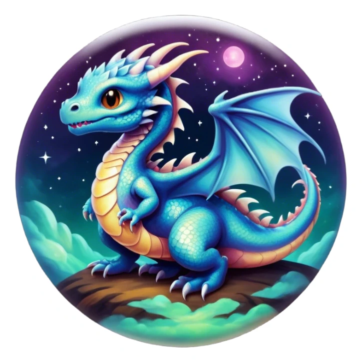 A round bezeled button with an Airbrush painted image of a dragon hatchling under a deep galactic sky with pearlescent scales and wings spread against the stars sticker