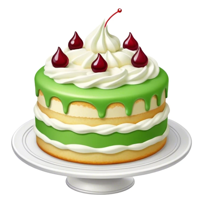 cake with green marzipan on top, Whipped cream, vanilla cream and jam inside sticker