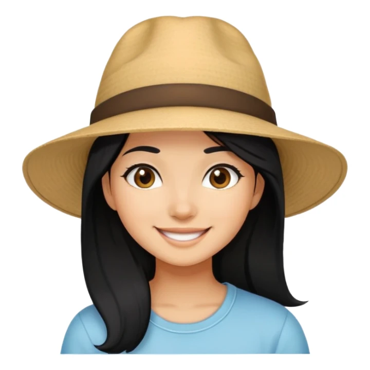 girl with black hair, wear hat, smyle sticker