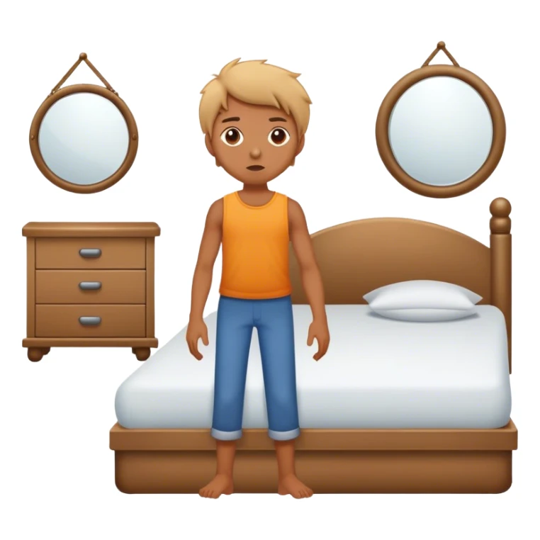 A person stands beside their bed, rolling out groggily with determination. The bed behind them is neatly made, a mirror in front of them . A glowing sunrise outside signals the start of a productive day. sticker