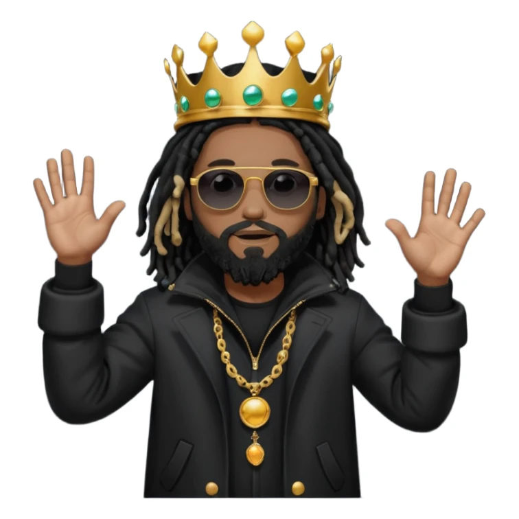 African American man with shoulder length black dreadlocks with black beard wearing  dark black sunglasses with a black bubble winter coat wearing a crown with hands out sticker