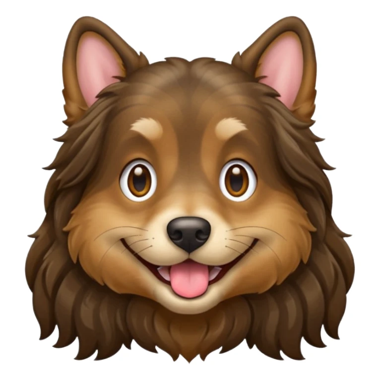 dog face with a long-haired brown and black brindle coat and light brownish gold eyes smiling with tongue hanging slightly out. sticker