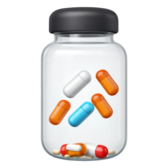 pills in bottle, 3d cartoon style, memoji style. sticker