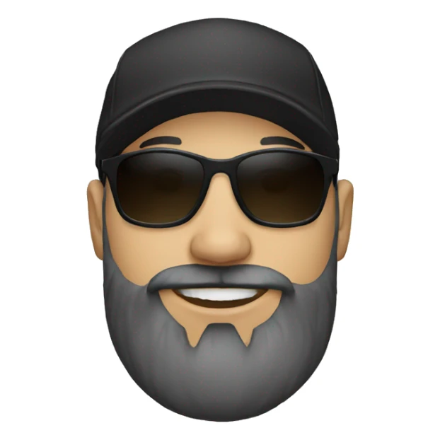 Bald man with beard and black sunglasses and cap sticker