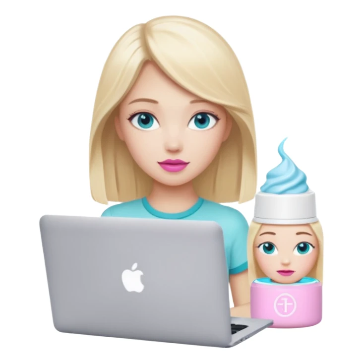 blonde long hair girl using macbook emoji. she has blue eyes and there is tatcha longevity cream (teal colour) and Summer fridays lip balm (pink sugar) in front of the laptop sticker