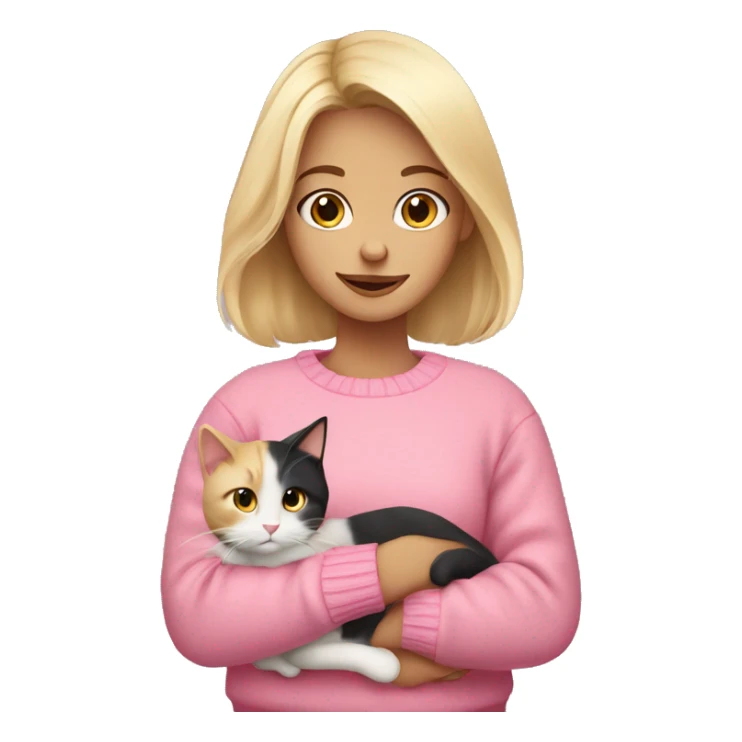 Blonde girl with a pink sweater holding a calico cat sticker