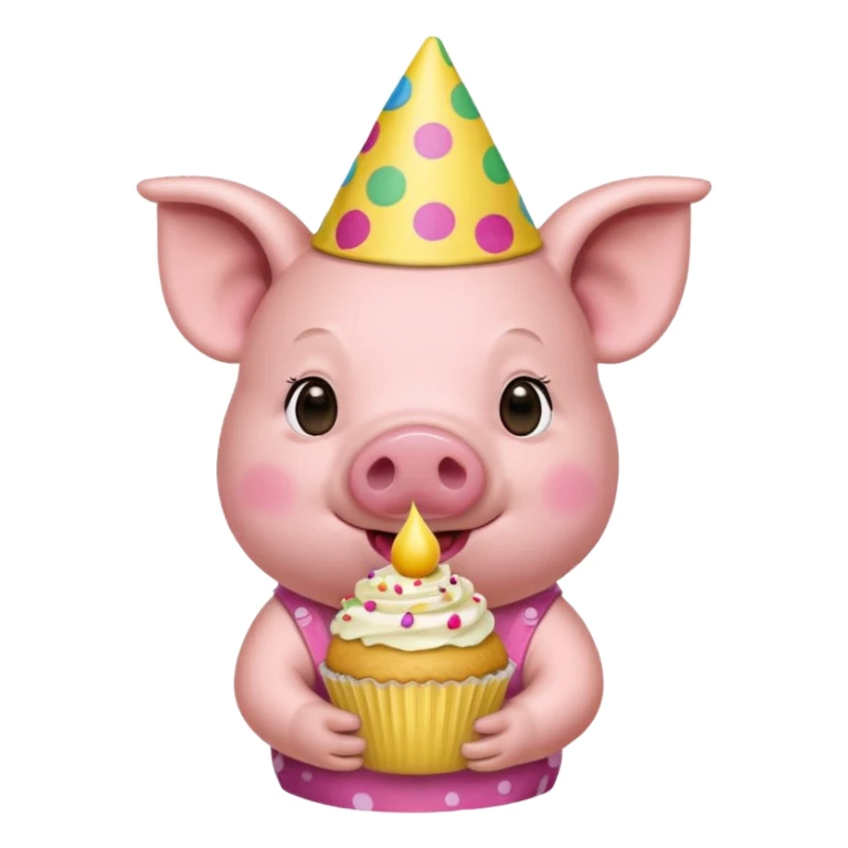 Pig with  yellow aloha shirt, birthday hat, holding a cupcake sticker