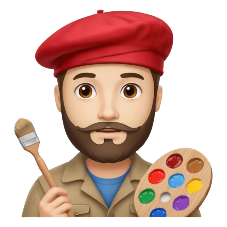 man artist with beard, wearing red beret and painter sticker